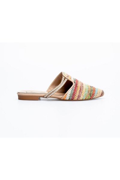 MİSS PARK MODA Beige and Red Colored Straw Stone Summer Slippers Sandals - Open Back, Pointed Toe