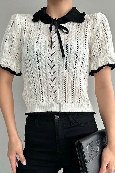 De Pose Tricot alb pentru femei, cu mânecă scurtă, tricot de păr ajurat