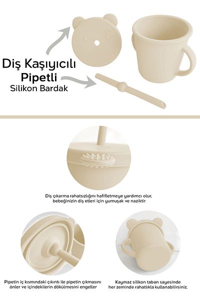 Meleni Baby Silicone Baby Feeding and Training Cup - Leak Proof Lid, with Straw, Beige