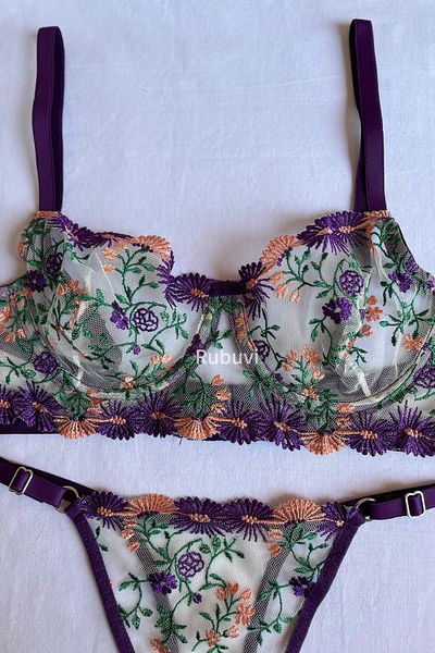 Rubuvi Set de lenjerie intima pentru femei, mov, cu sârmă, cu sârmă, din dantelă