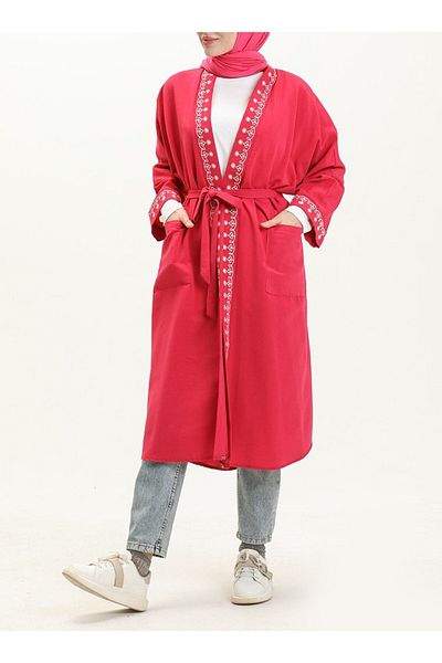 Lavanta Tekstil Linen Hijab Kimono - Embroidery Detailed