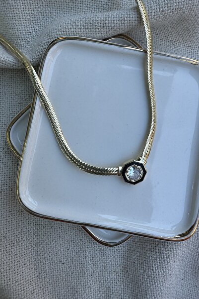 My Joyas Design 14k Altın Kaplama Çelik Siyah Mineli Serenay Kolyesi 45cm