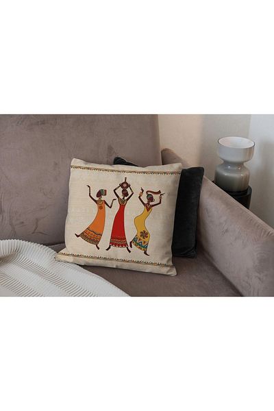 Şah Dekor Digital Printed Throw Pillow Cover with African Theme Elephant Woman and Lion Figures in Orange Cream Colors