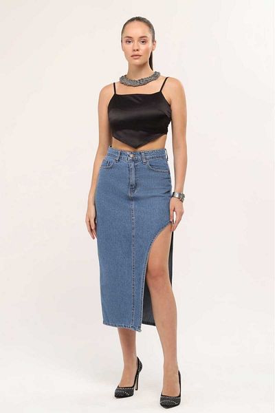 Vovikon Fusta de blugi de damă din denim asimetric - KN cu partea frontală