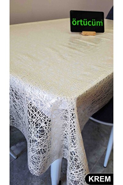 Örtücüm Krem Iplik Desen Hasır Örgü Pvc Şeffaf Kaplama Kalın Lüks Muşamba Mas...