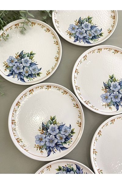 Yiğit Seramik Züccaciye 6 Pieces of Yediveren Flowers - 20 cm Cake Plate