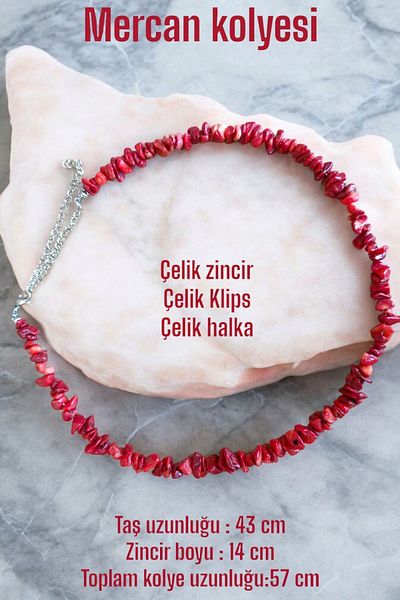MGA DOĞAL TAŞ 1.Grade Quality - Natural Coral Stone Necklace with Steel Parrot and Chain Detail