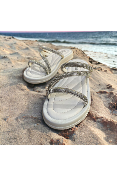Hızlı Al Stone Detailed Soft Sole Stripe Slippers