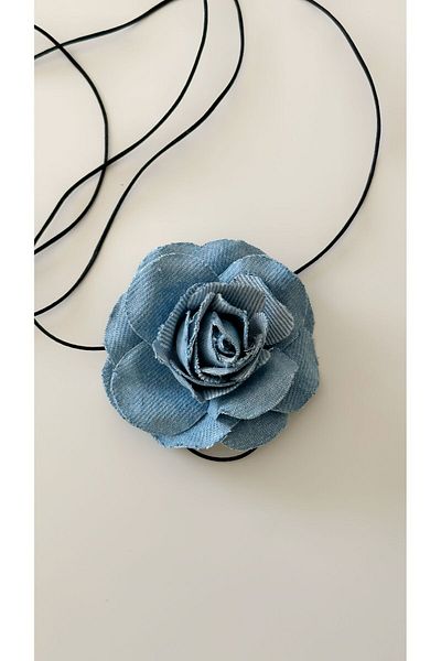 Âlâ Atelier Denim Rose Flower Patterned Lace Up Choker Necklace