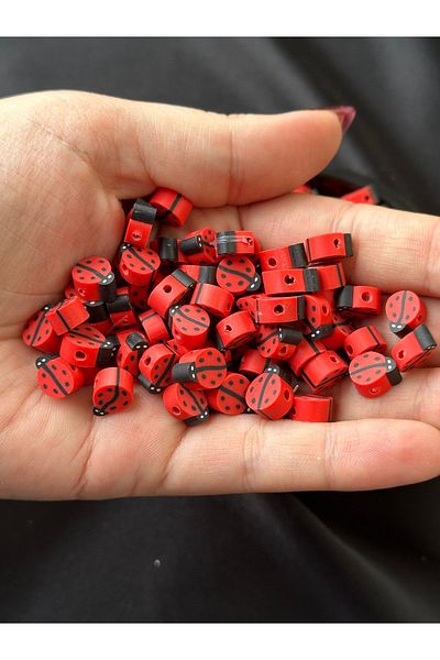 Bijumix Aksesuar 25 Pieces 10 mm Ladybug Figured Fimo Beads Beads for Jewelry Making and Accessory