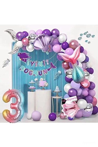 BKMC PARTY Gümüş Kuyruklu Deniz Kızı Bannerlı Lüks Doğum Günü Parti Set Doğum...