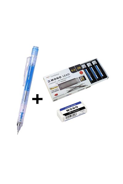 Tombow Transparent Blue Mono Graph Pen - 0.5mm, 12 Tubes, 2B Tip + Mono Eraser