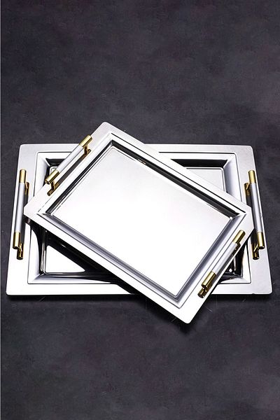 ÖzSa Home 2-Piece Mercan Silver Gold Presentation Serving Coffee and Tea Tray Treat Tray