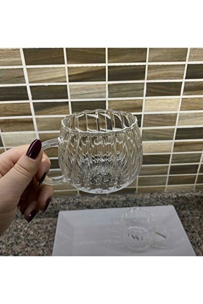 M Mimoza Park 300 ml Çizgili Desenli Isıya Dayanıklı Cam Kupa Kulplu Bardak Kahve Boncuk Bardak Üzüm Bardak