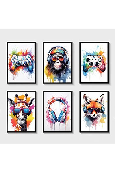 fabriflow exclusive Gamer Maymun Oyun Genç Odası Dekorasyon 6'lı Tablo Set