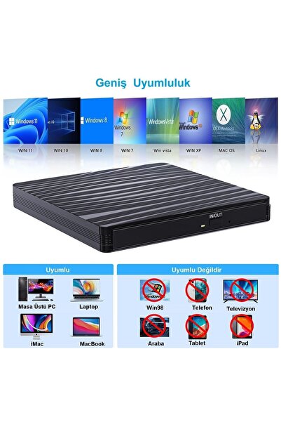 UpWay Dvd Rw Usb 3.0 Type-c Slim Harici Cd Dvd Yazıcı Okuyucu Macbook Imac Windows11