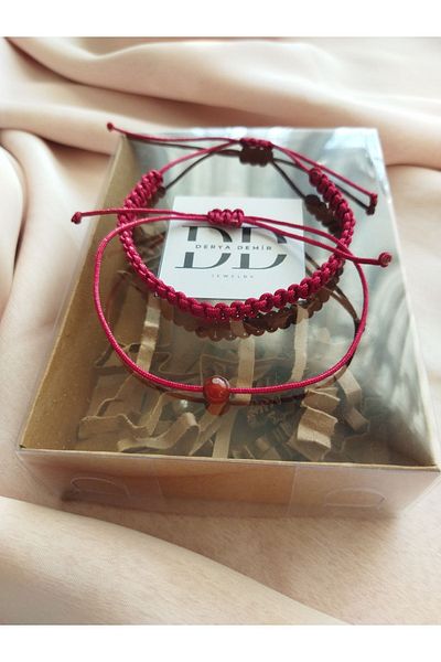 derokas Claret Red Agate String and Macrame Knitted Bracelet Set of 2