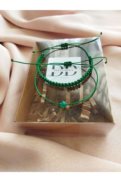 derokas Green Aventurine Thread and Macrame Knitted Bracelet Set of 2