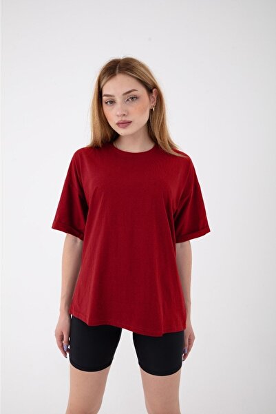 Women's Basic Unprinted Plain Oversize Loose Wide Cut Double Sleeve T-shirt