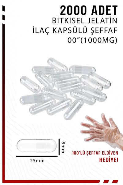 Koza End Büyük Boy Şeffaf Bitkisel Jelatin Boş İlaç Kapsülü Helal 00"1000mg (2000 Adet) ELDİVEN HEDİYE
