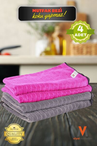viyolmarketim ( 4 Adet ) Mikrofiber Mutfak Temizlik Bezi 40*40 Cm Leke Tutmaz Koku Yapmaz Yer Bezi ( Gri-Pembe )