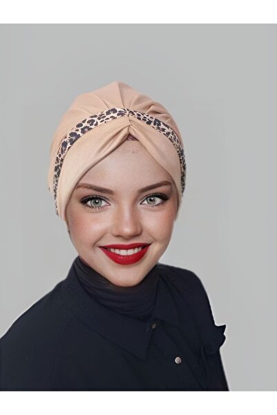 Polikromi Kadın Pudra Renk Bant  Detay Hazır Türban Tesettür Bone Eşarp Şal