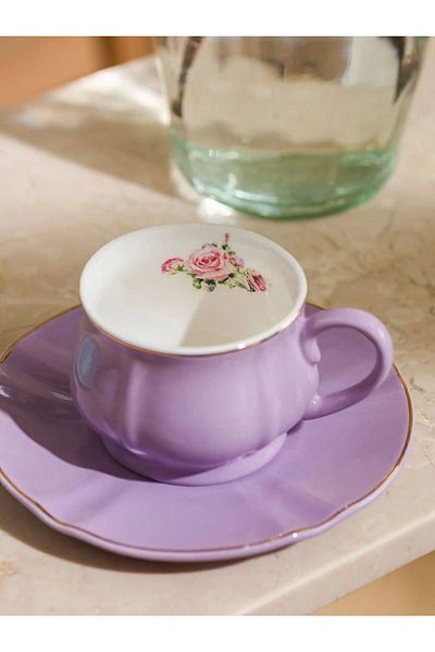LC Waikiki Coffee Color Floral Printed Porcelain Cup Set for 2 People