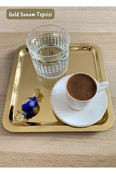 Jet's Home Gold Sunum Tepsisi Paslanmaz Kahve Tepsisi Çelik Tepsi Kare Çeyizl...