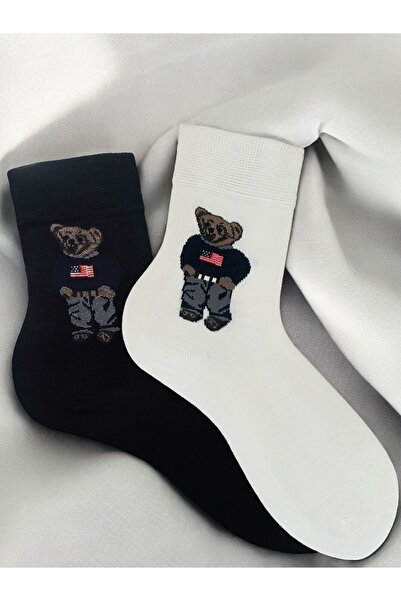 Çorabistaan 2 Çift Siyah Beyaz Teddy Bear Ayıcık Desenli Unisex Soket Çorap D...