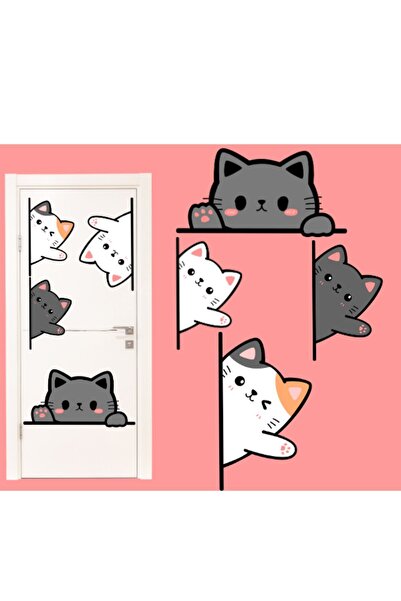 Etiketçi Paşa Şirin Kediler Kapı Duvar Çocuk Odası Sticker - 4'lü Kedi Etiket...