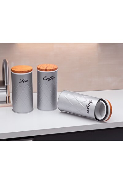 KOZALILAR 3'lü Metal Çay Kahve Şeker Saklama Kabı Kavanoz Vakum Kapaklı Diamond