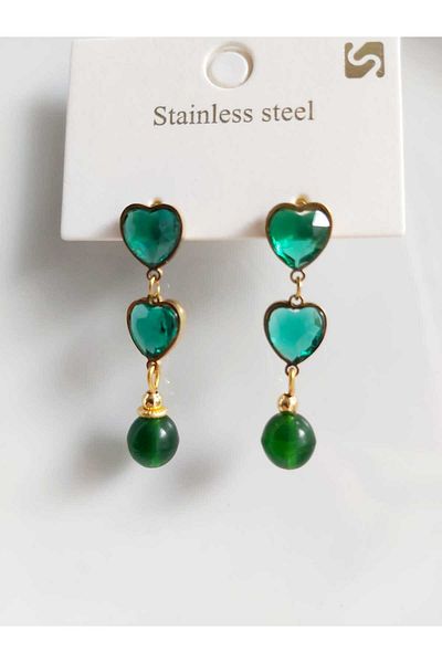 DEVİ fashion Steel Green Zircon Stone Heart Earrings