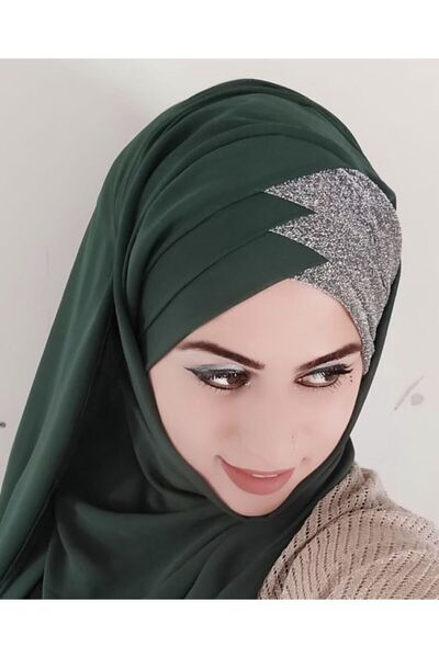 Polikromi Kadın Haki Gümüş Simli Şal