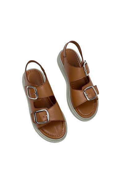 bescobel Tan Yeksan Genuine Leather Women's Sandals - Double Buckle