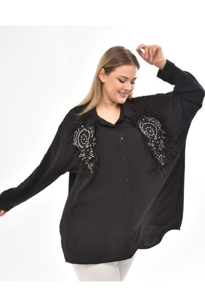 Seçkin Büyük Beden Kadın Özel Tasarım Büyük Beden Güpür Detaylı Aerobin Gömlek
