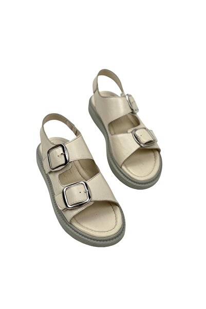 bescobel Beige Yeksan Genuine Leather Women's Sandals - Double Buckle