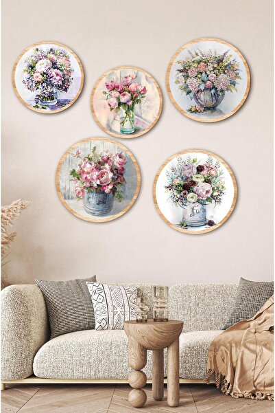 fabriflow exclusive Dekoratif Çiçeçekler Mdf 5 Parça Çerçeve Görünümlü Tablo Set