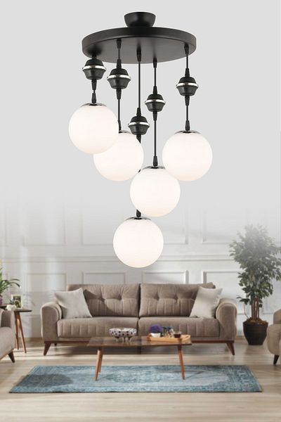 SONSUZ AYDINLATMA&AVİZE Pendant Lamp Tray Black 5-Piece White Glop Top Glass Chrome Downward Facing Luxury Chandelier