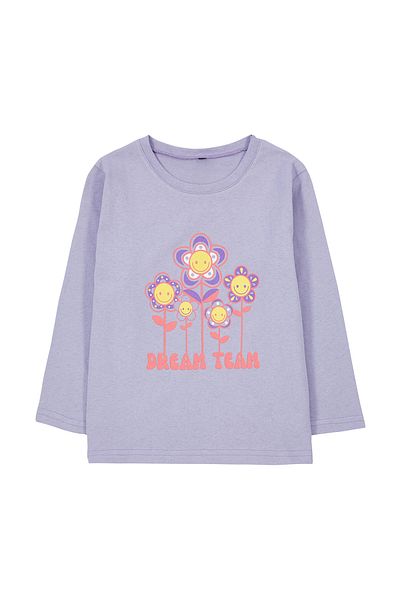 TRENDYOLKIDS Floral Patterned Cotton T-Shirt for Girls - Crew Neck Tkdaw25Ts00010