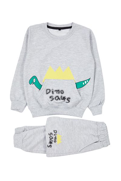 TRENDYOLKIDS Boy's Gray Melange Seasonal Thin Dinosaur Kangaroo Set - Pocketed Tkdaw25au00029