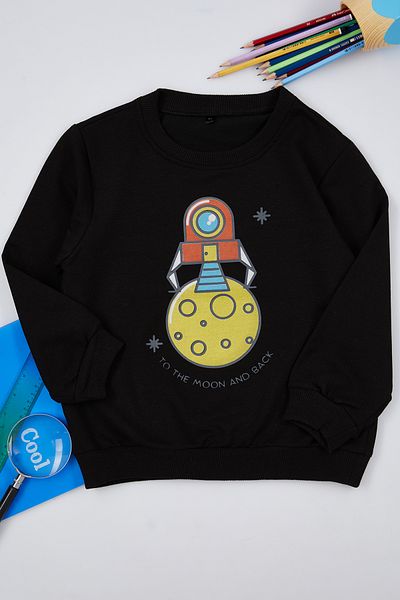 TRENDYOLKIDS Boy's Black Seasonal Sweatshirt - Thin Space Pattern, Crew Neck Tkdaw25sw00005