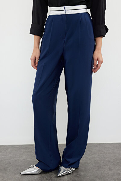 Trendyol Collection Magas derekú öv sötétkék széles szárú szőtt nadrág - TWOSS23PL00150