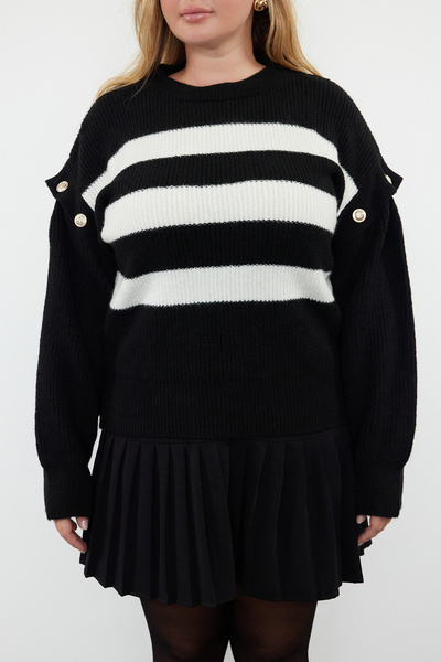 Trendyol Curve Functional Knit Sweater - Detachable Sleeves, Black Striped TBBAW25AN00034