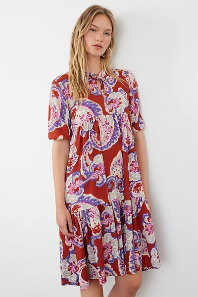 Trendyol Collection V-neck ruffle Skirt, Orange Floral Balloon Sleeve Midi Dress - TWOSS24EL01015