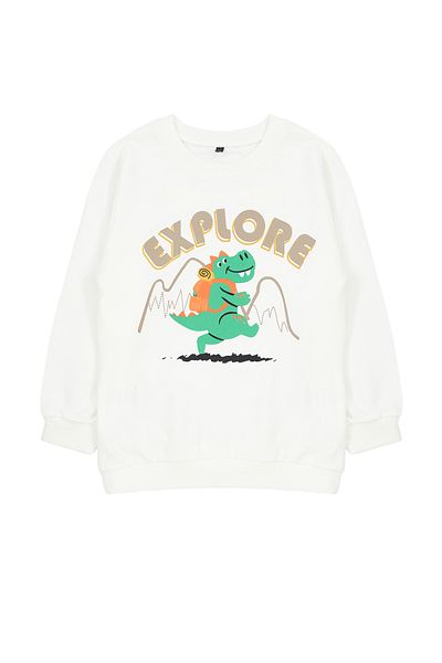 TRENDYOLKIDS Boy's Ecru Seasonal Sweatshirt - Thin Dinosaur Pattern, Crew Neck Tkdaw25sw00005