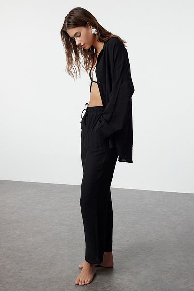 Trendyol Collection Linen Woven Look Black Shirt and Pants Beach Set - Tbess24Au00068