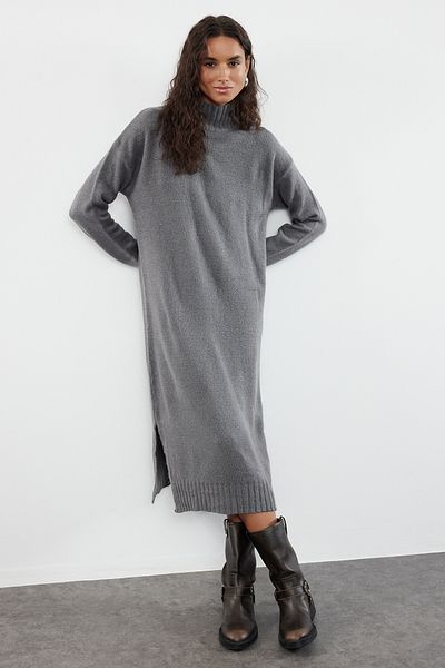 Trendyol Collection Wide Fit Soft Textured Anthracite Midi Knitwear Dress - Twoaw23El0005