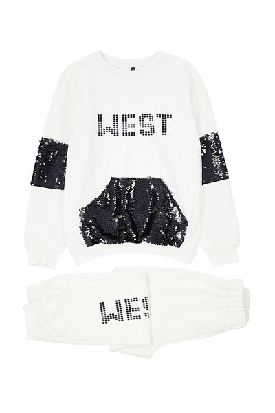 TRENDYOLKIDS Girl's Ecru Seasonal Set - Thin Sequined Knitted Top and Bottom Set Tkdaw25au00022
