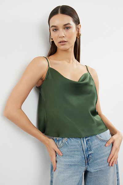 Trendyol Collection Strappy Khaki Satin Μπλούζα - Γιακάς Degaje, TWOSS19BB0161