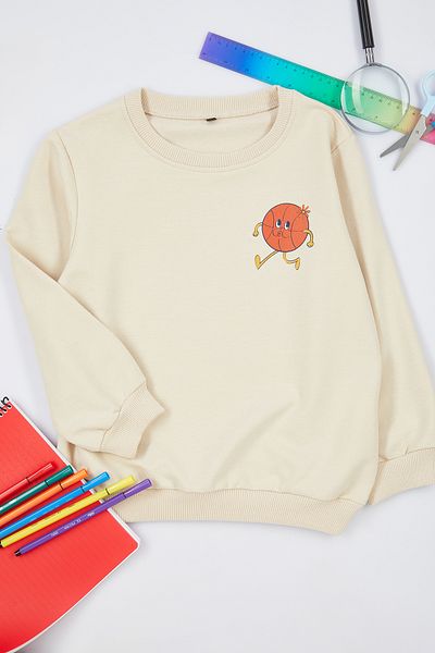 TRENDYOLKIDS Boy's Beige Seasonal Sweatshirt - Thin Fun, Patterned, Crew Neck Tkdaw25sw00005